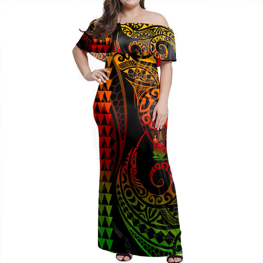 New Caledonia Off Shoulder Long Dress Kakau Style Reggae