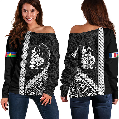 New Caledonia Off Shoulder Sweatshirt Tribal Melanesian Coat Of Arms