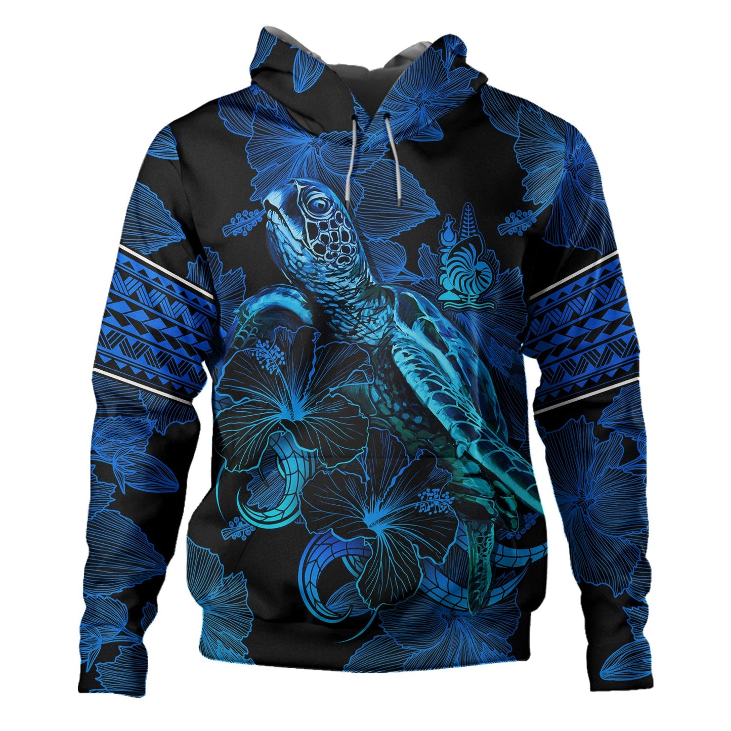 New Caledonia Hoodie Sea Turtle With Blooming Hibiscus Flowers Tribal Blue