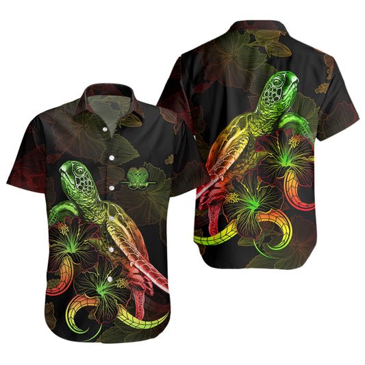 Papua New Guinea Short Sleeve Shirt Sea Turtle With Blooming Hibiscus Flowers Reggae