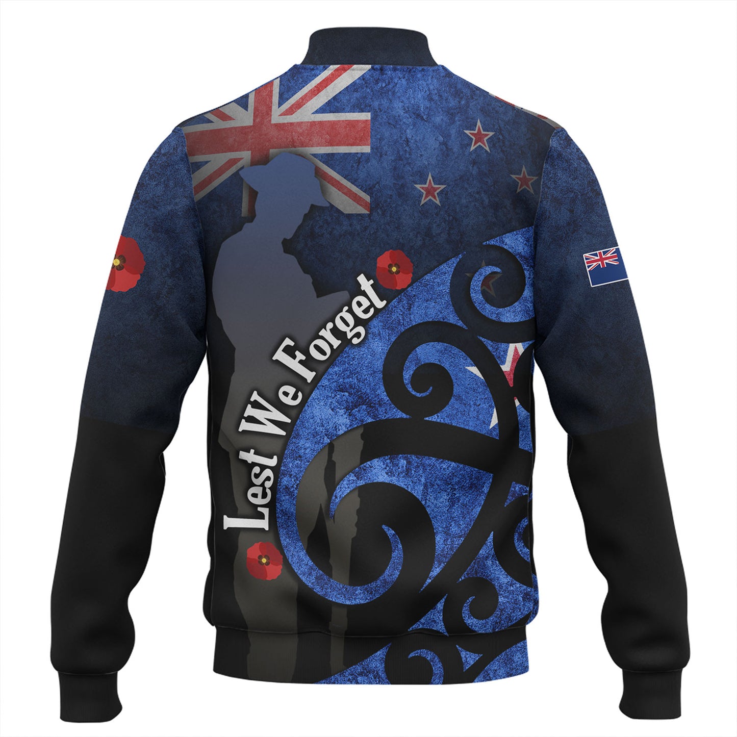 New Zealand Custom Personalised Baseball Jacket Anzac Day Flag Maori Patterns
