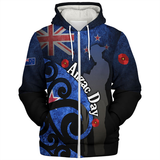 New Zealand Custom Personalised Sherpa Hoodie Anzac Day Flag Maori Patterns