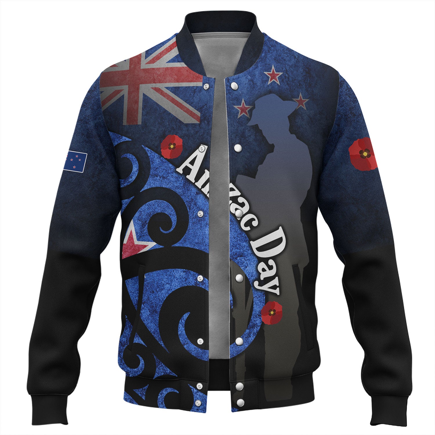 New Zealand Custom Personalised Baseball Jacket Anzac Day Flag Maori Patterns