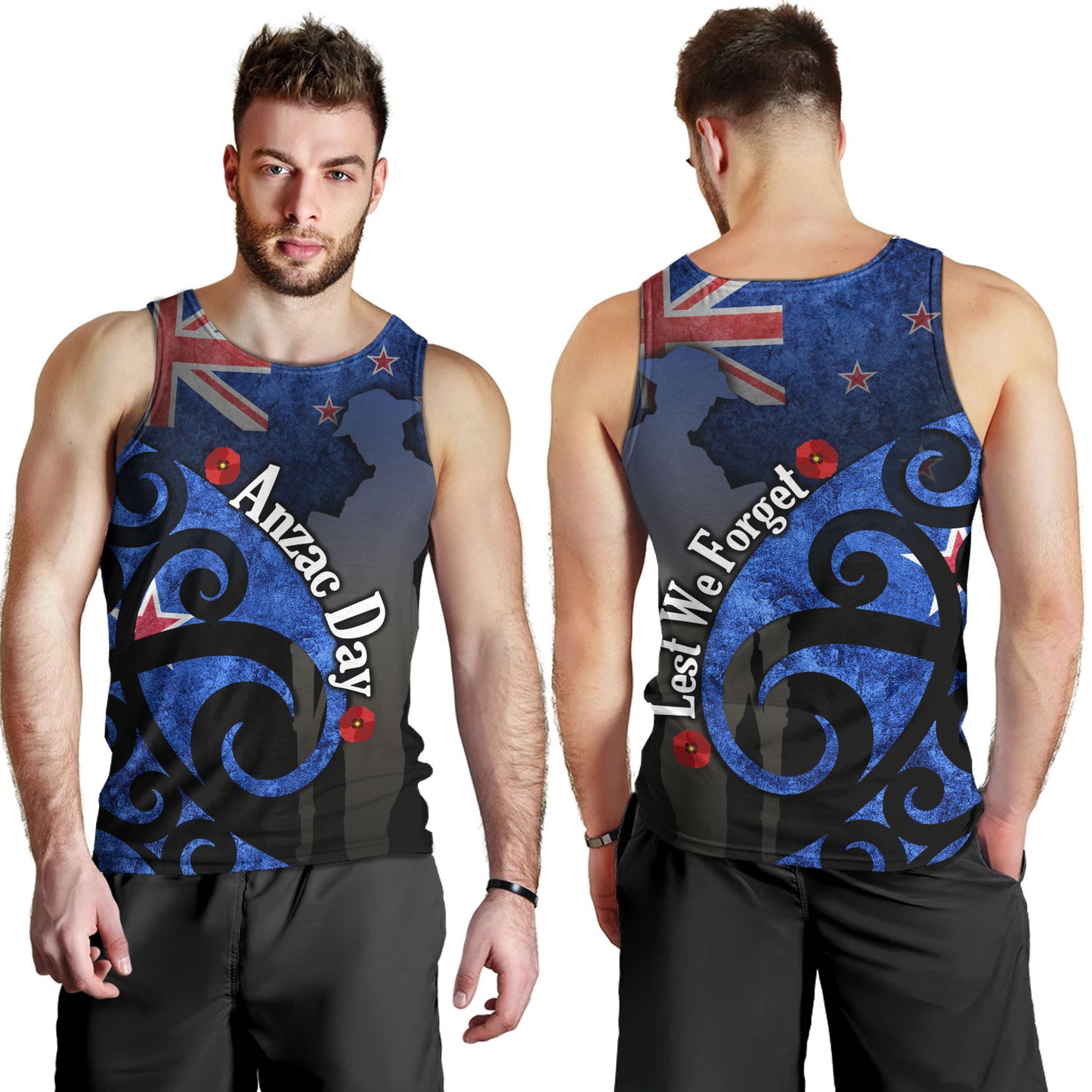 New Zealand Custom Personalised Tank Top Anzac Day Flag Maori Patterns