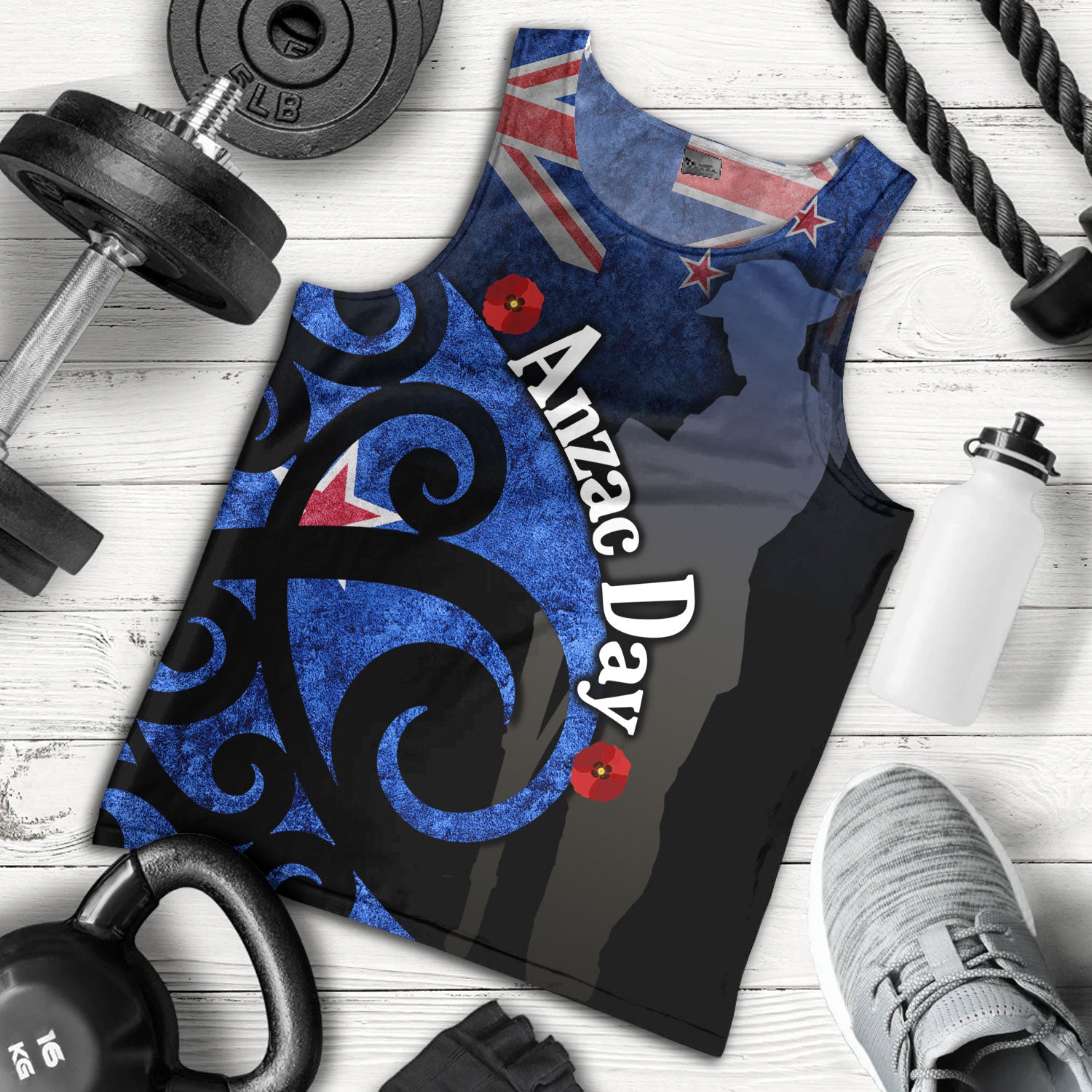 New Zealand Custom Personalised Tank Top Anzac Day Flag Maori Patterns