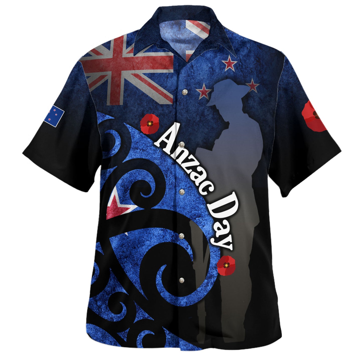 New Zealand Custom Personalised Hawaiian Shirt Anzac Day Flag Maori Patterns