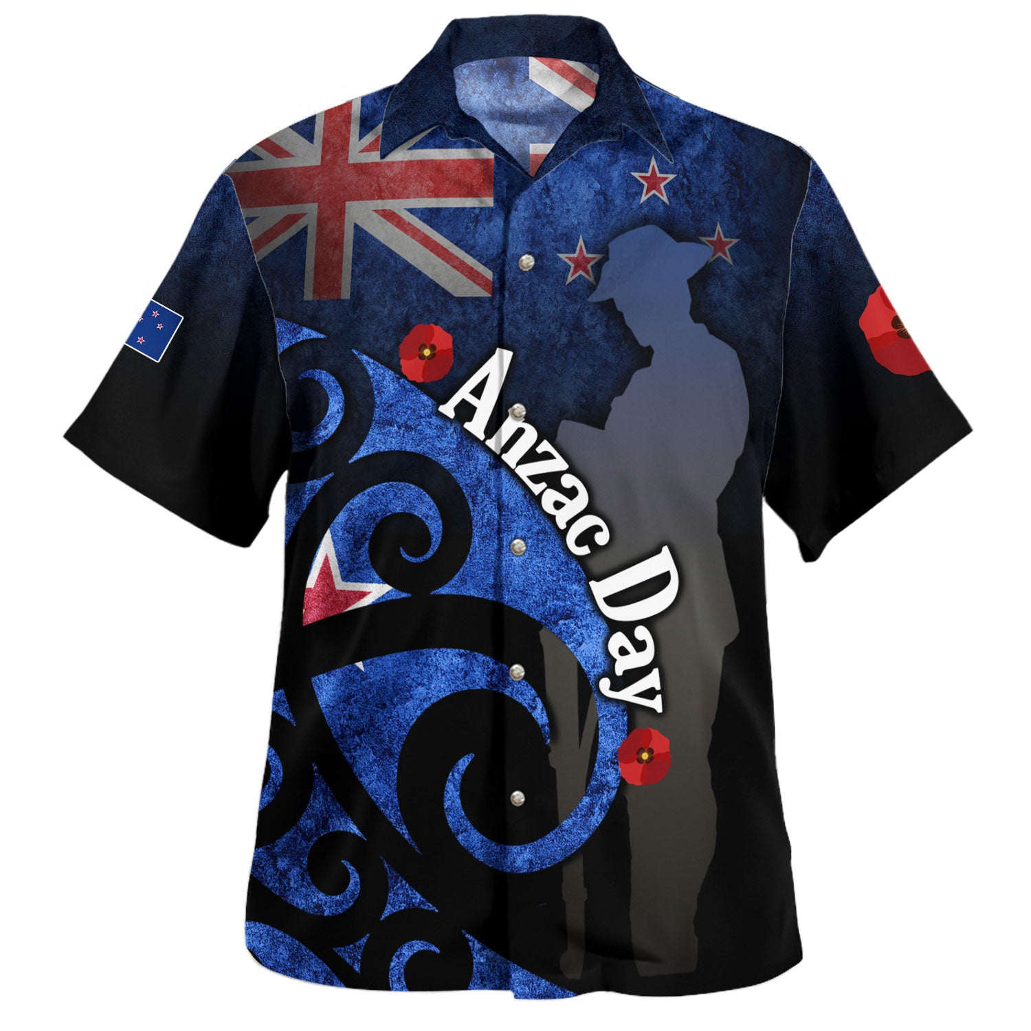 New Zealand Custom Personalised Hawaiian Shirt Anzac Day Flag Maori Patterns