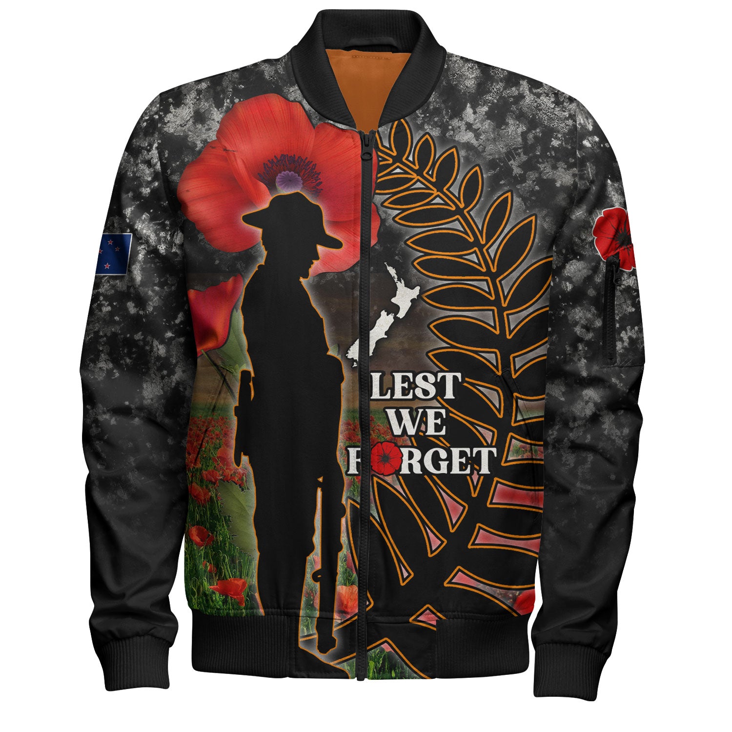 New Zealand Bomber Jacket Custom Anzac Day Lest We Forget Silver Fern