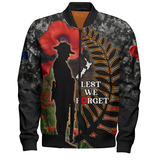New Zealand Bomber Jacket Custom Anzac Day Lest We Forget Silver Fern