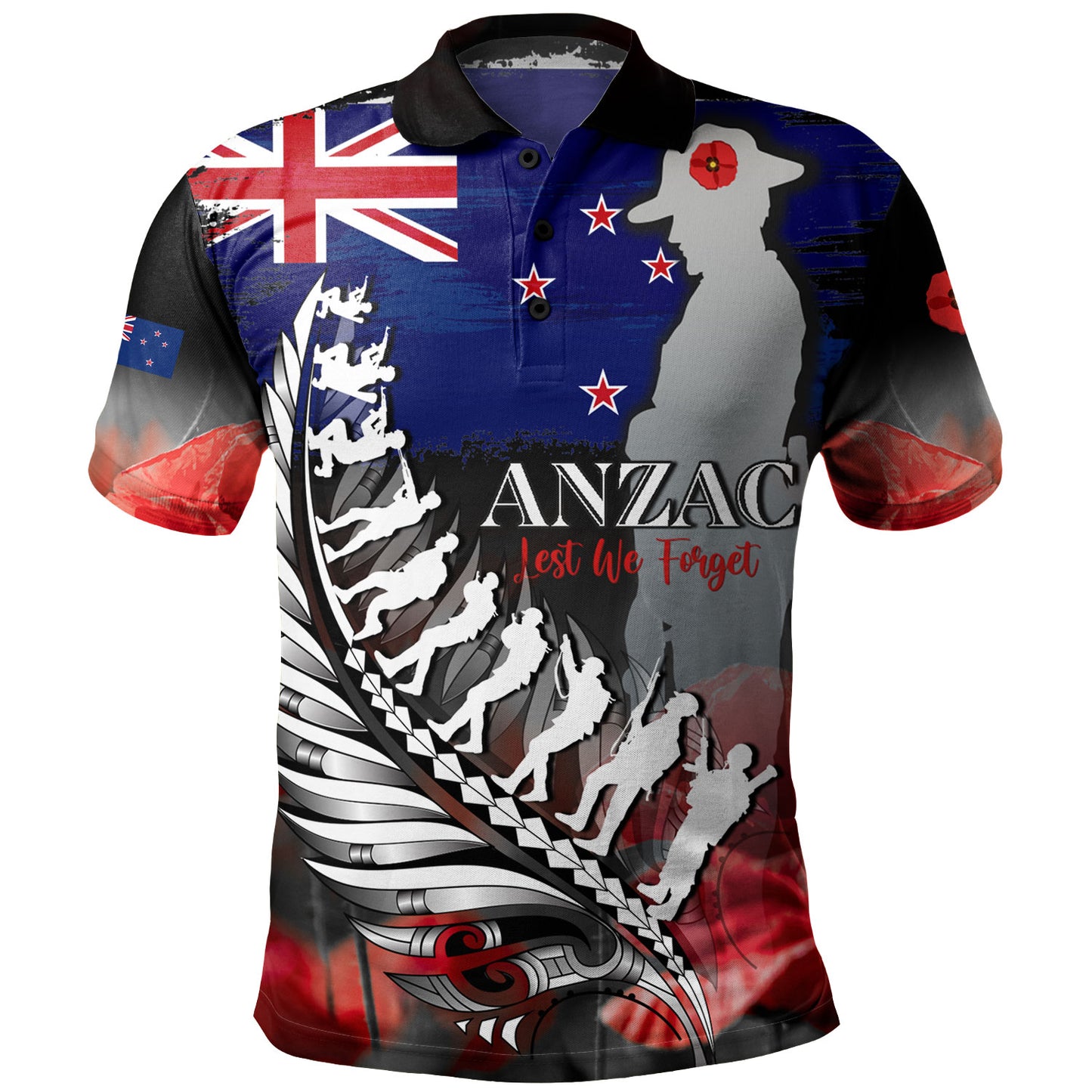 New Zealand Custom Personalised Polo Shirt Anzac Day Silver Fern Flag Style