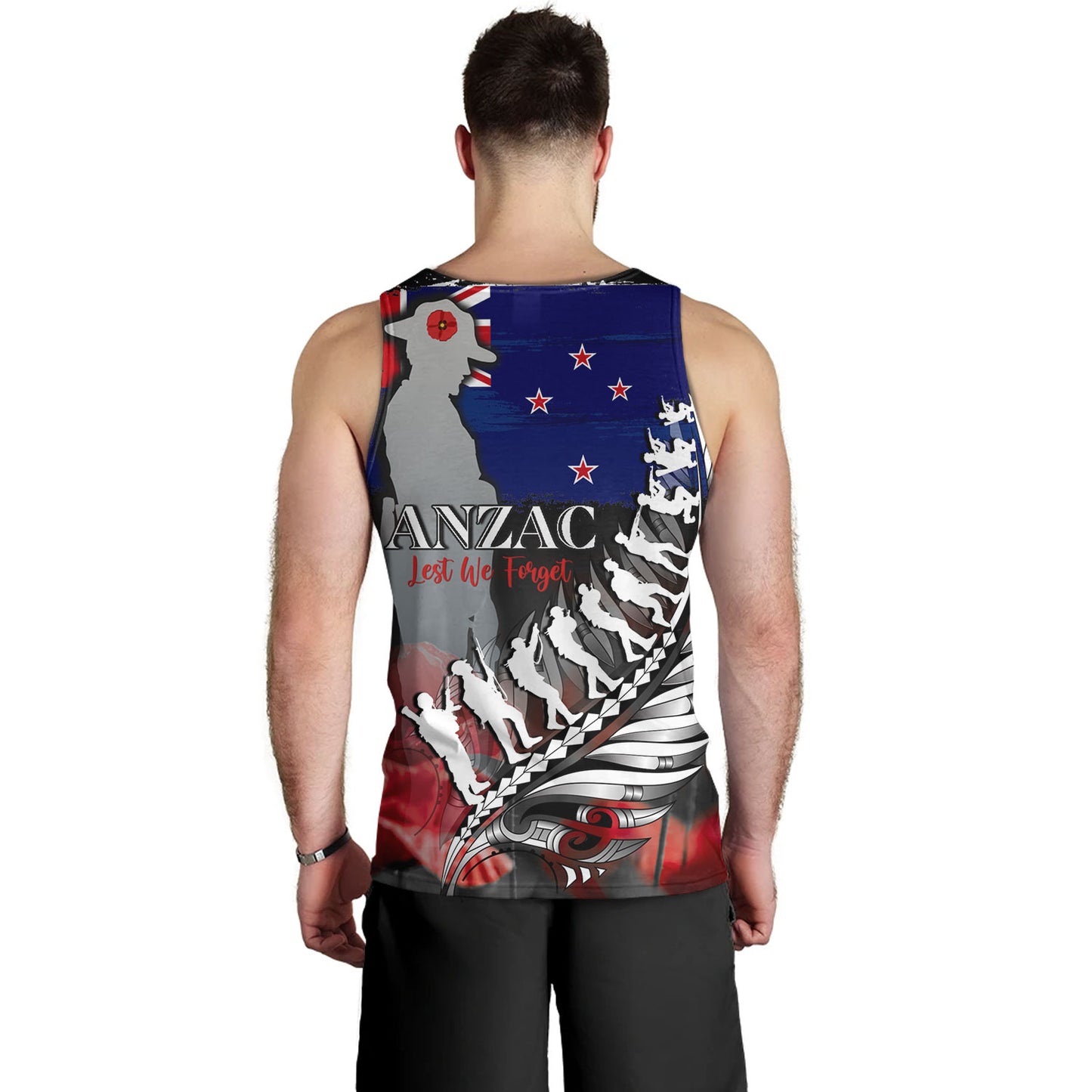 New Zealand Custom Personalised Tank Top Anzac Day Silver Fern Flag Style