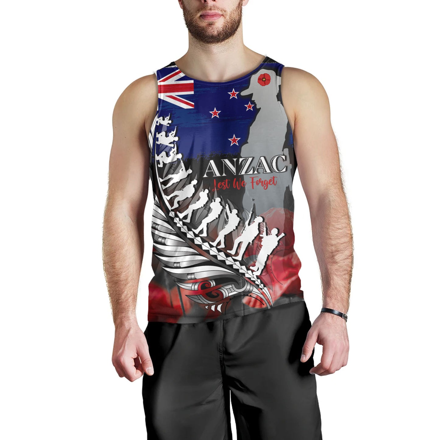 New Zealand Custom Personalised Tank Top Anzac Day Silver Fern Flag Style