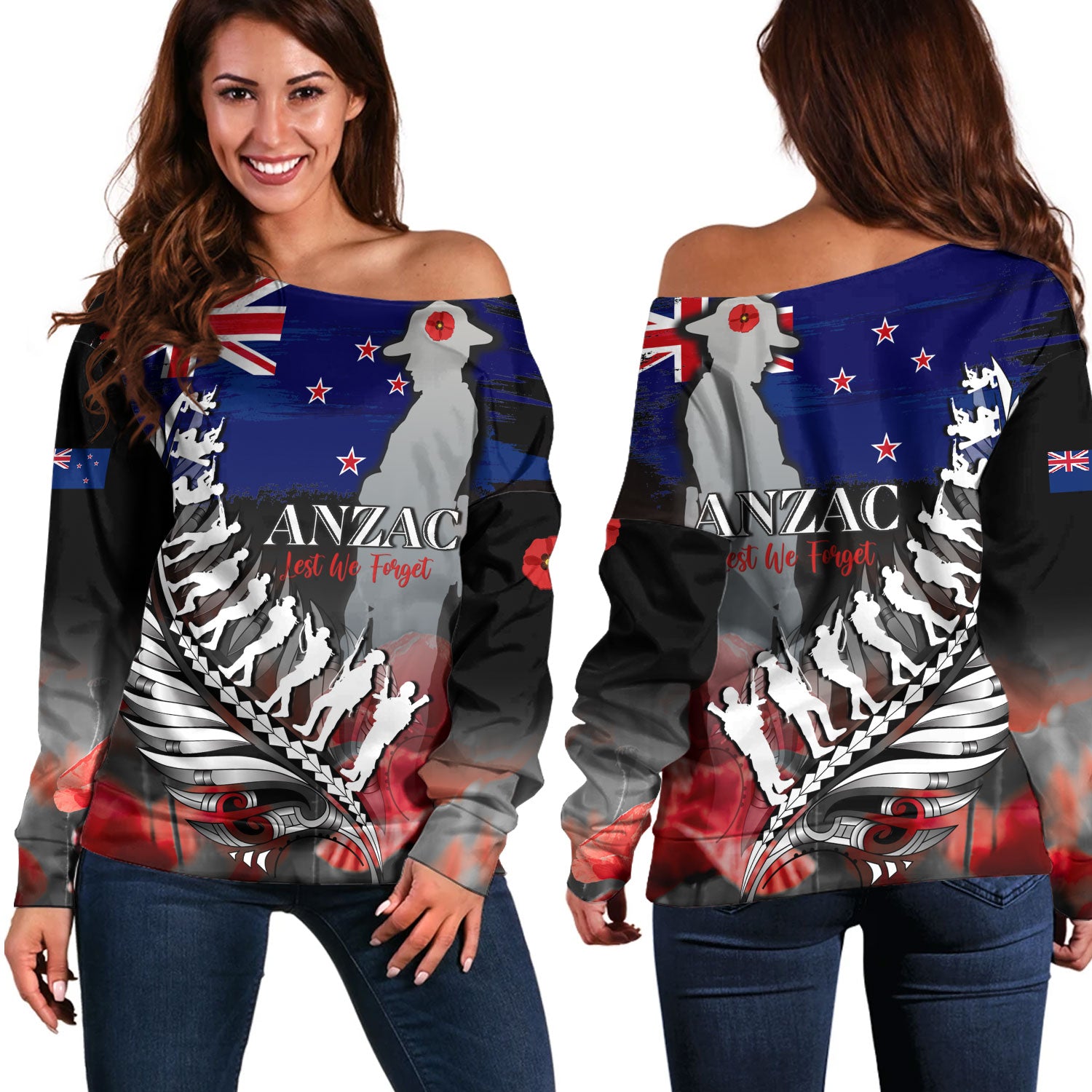 New Zealand Custom Personalised Off Shoulder Sweatshirt Anzac Day Silver Fern Flag Style