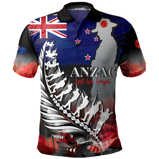New Zealand Custom Personalised Polo Shirt Anzac Day Silver Fern Flag Style
