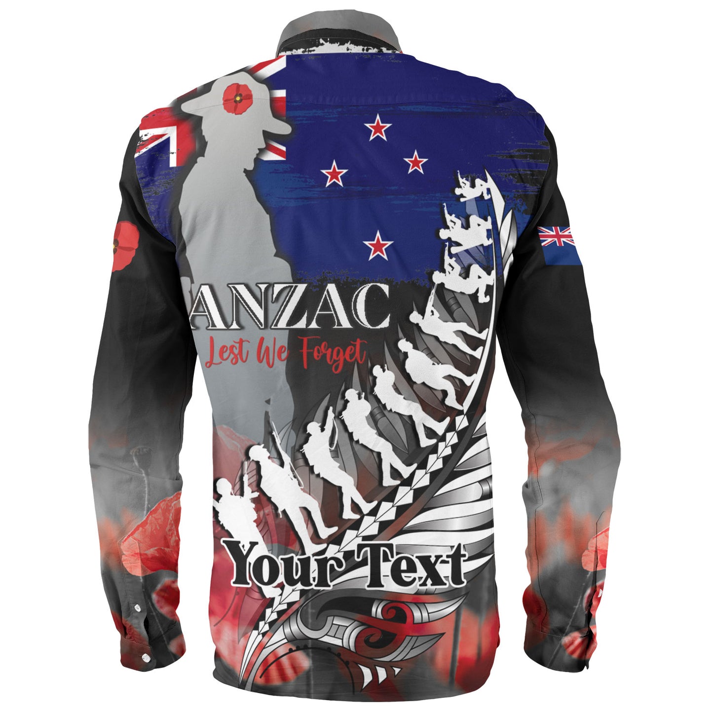 New Zealand Custom Personalised Long Sleeve Shirt Anzac Day Silver Fern Flag Style