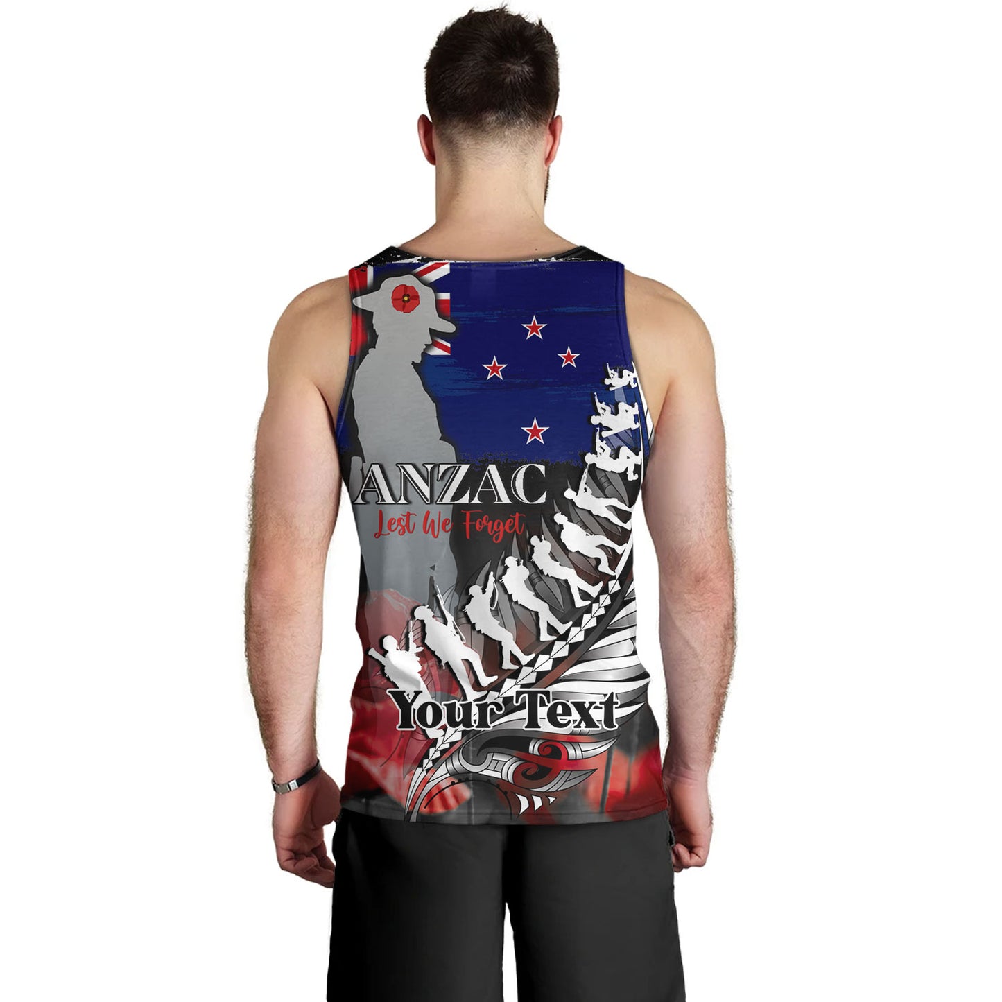 New Zealand Custom Personalised Tank Top Anzac Day Silver Fern Flag Style