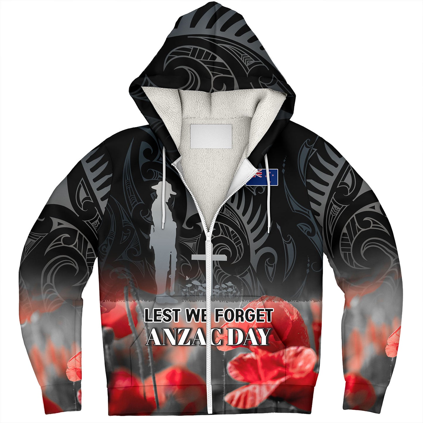 New Zealand Custom Personalised Sherpa Hoodie  Anzac Day Silver Fern Maori Style