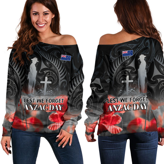 New Zealand Custom Personalised Off Shoulder Sweatshirt  Anzac Day Silver Fern Maori Style