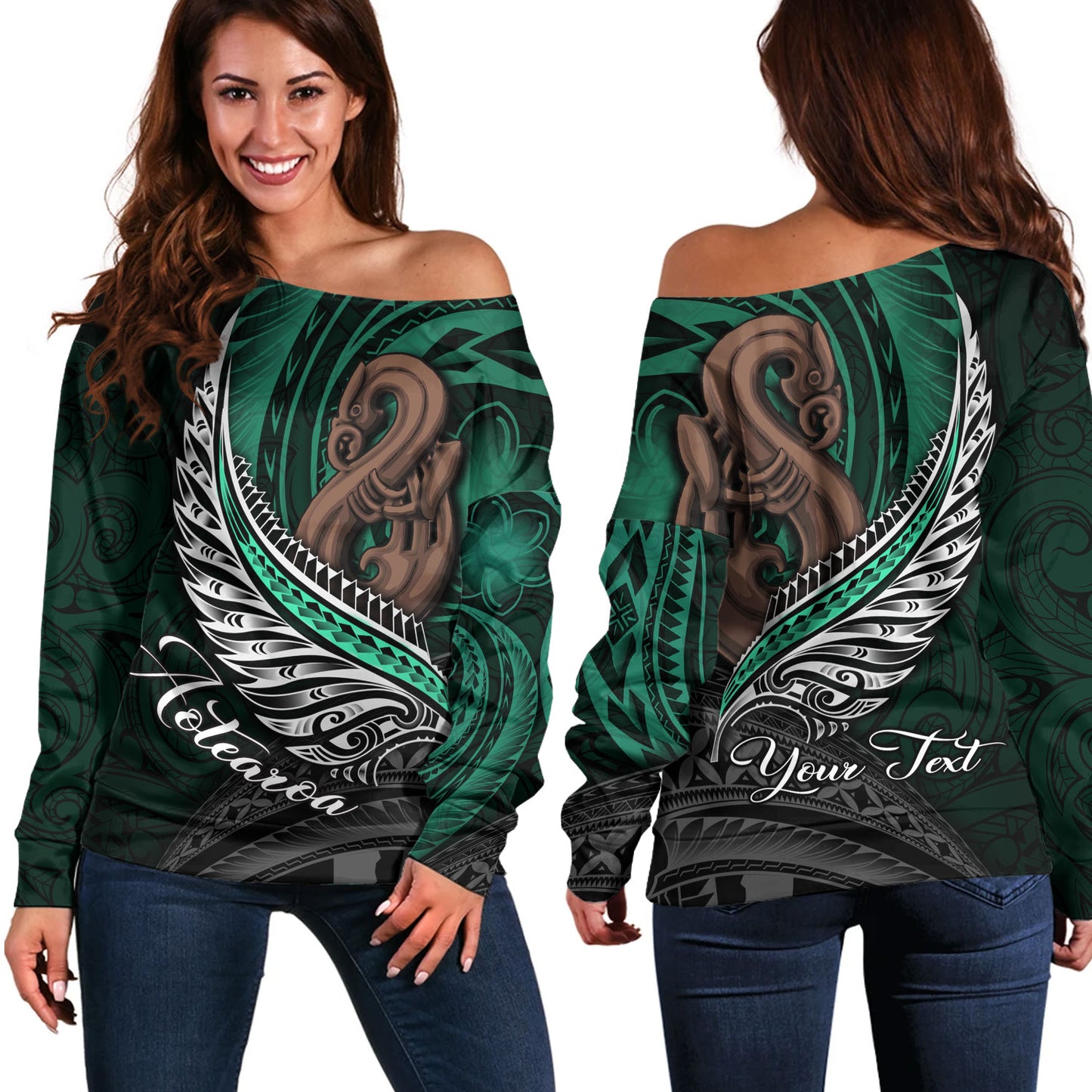 New Zealand Custom Personalised Off Shoulder Sweatshirt Aotearoa Manaia Maori Patterns