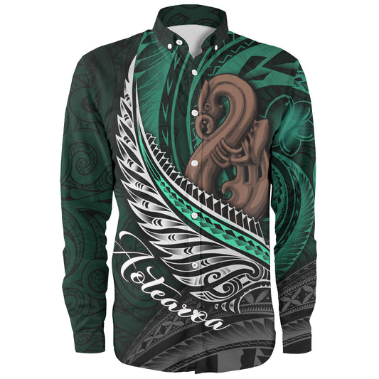 New Zealand Custom Personalised Long Sleeve Shirt Aotearoa Manaia Maori Patterns