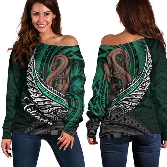 New Zealand Custom Personalised Off Shoulder Sweatshirt Aotearoa Manaia Maori Patterns