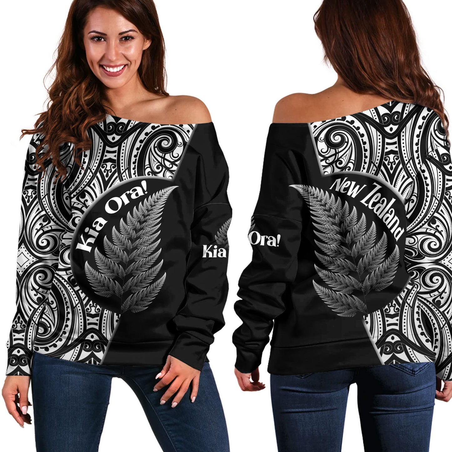 New Zealand Custom Personalised Off Shoulder Sweatshirt Kia Ora Silver Ferns Style
