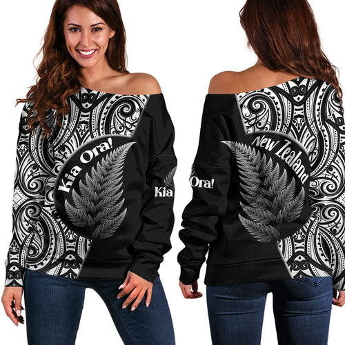 New Zealand Custom Personalised Off Shoulder Sweatshirt Kia Ora Silver Ferns Style