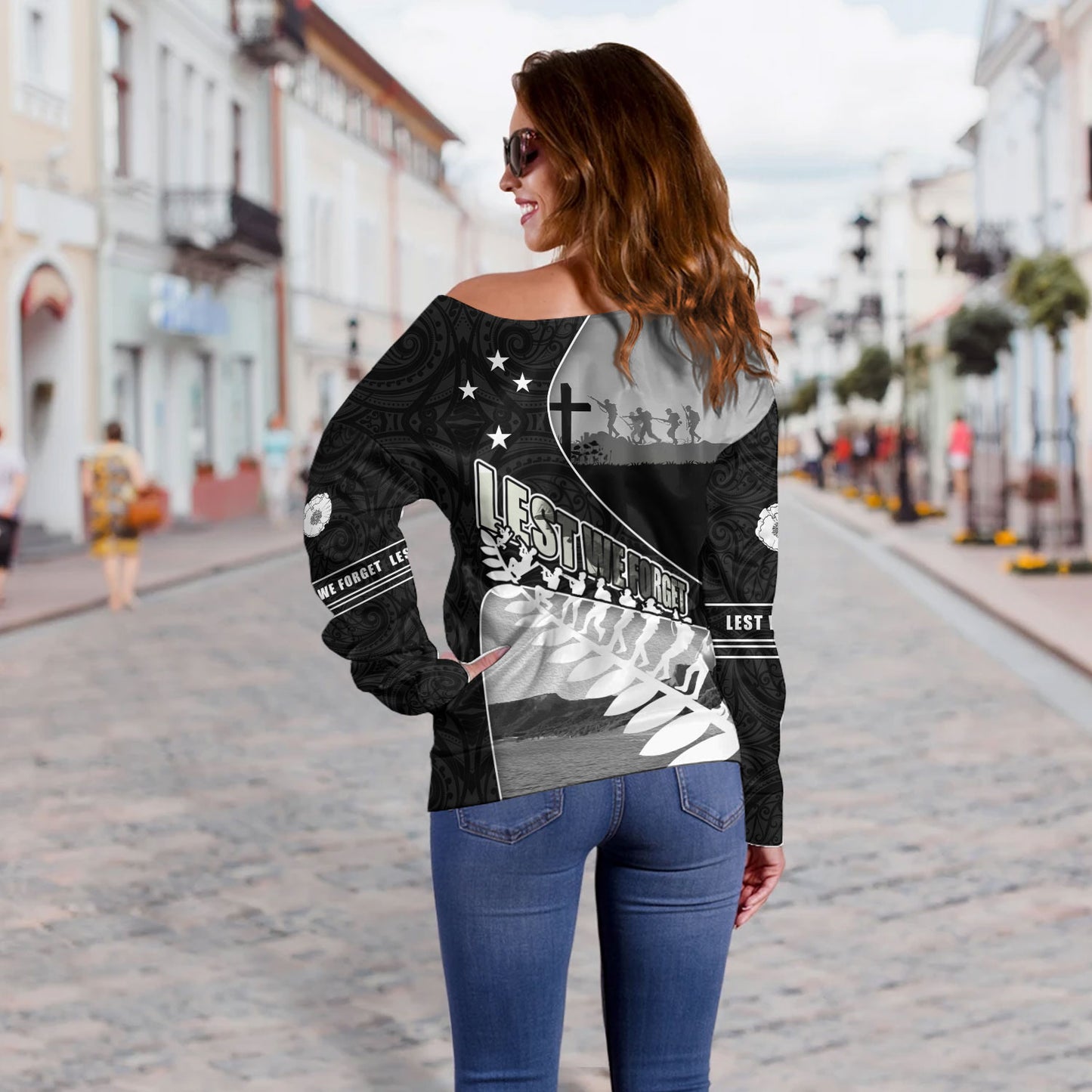 New Zealand Off Shoulder Sweatshirt Lest We Forget Anzac Bay Beach