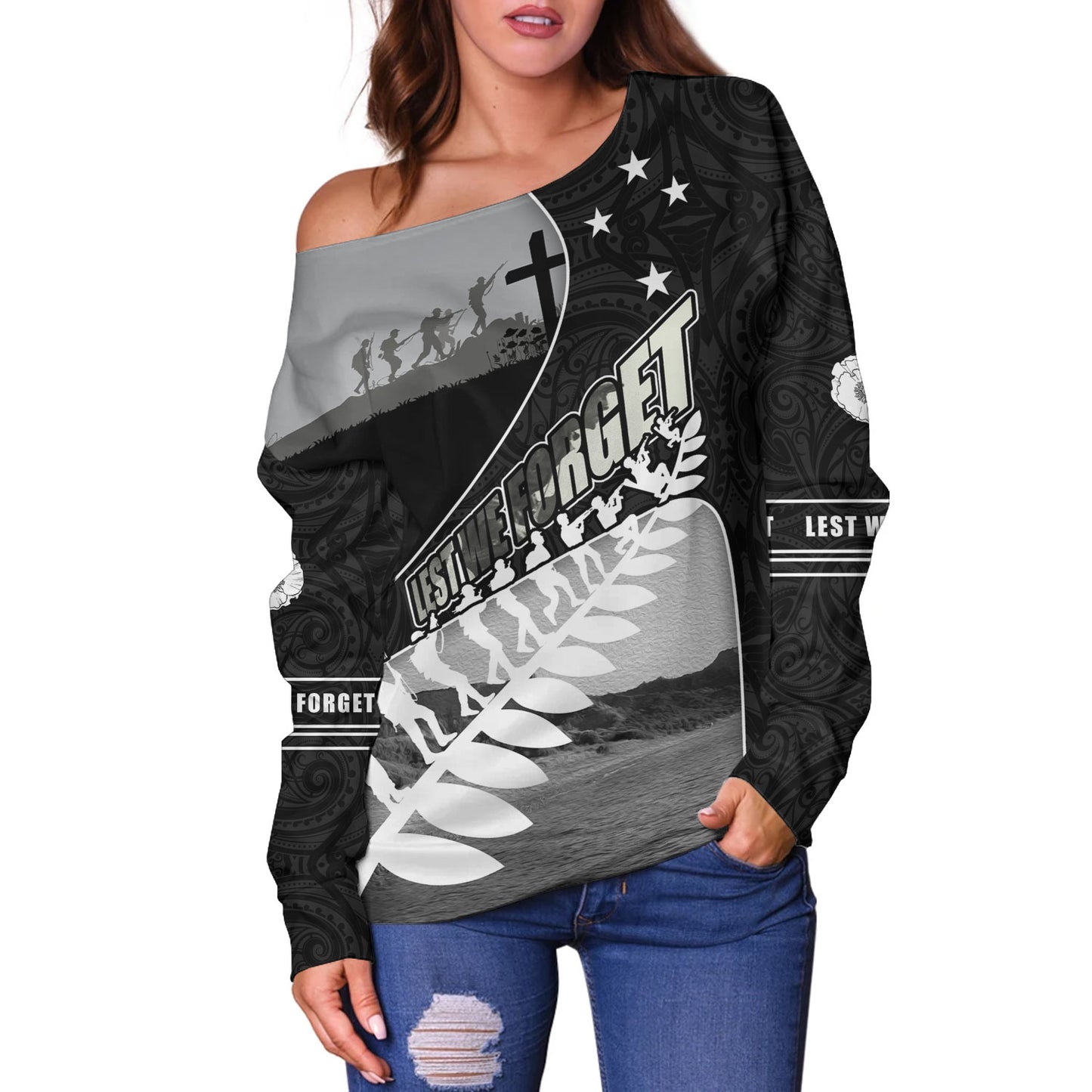 New Zealand Off Shoulder Sweatshirt Lest We Forget Anzac Bay Beach
