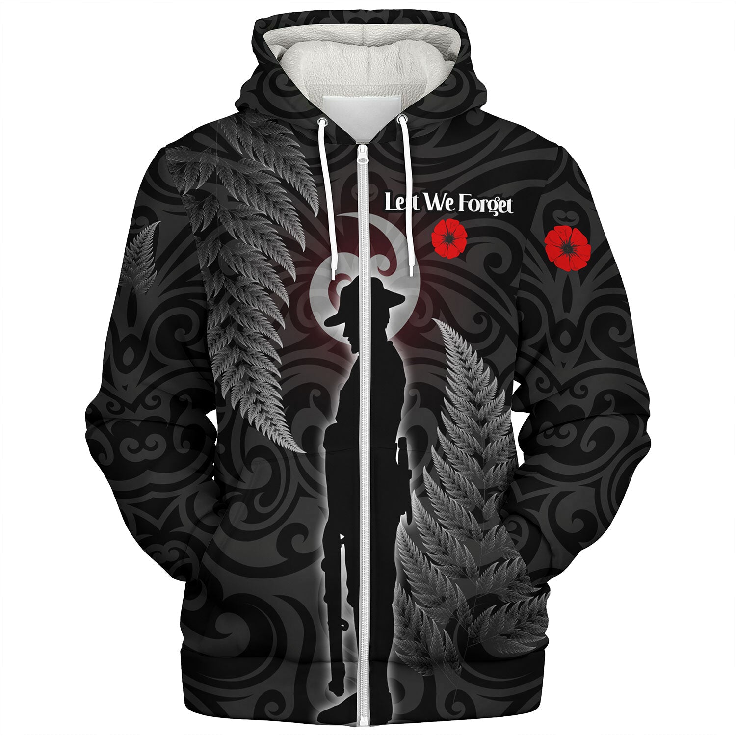 New Zealand Custom Personalised Sherpa Hoodie Lest We Forget Koru Maori Pattern