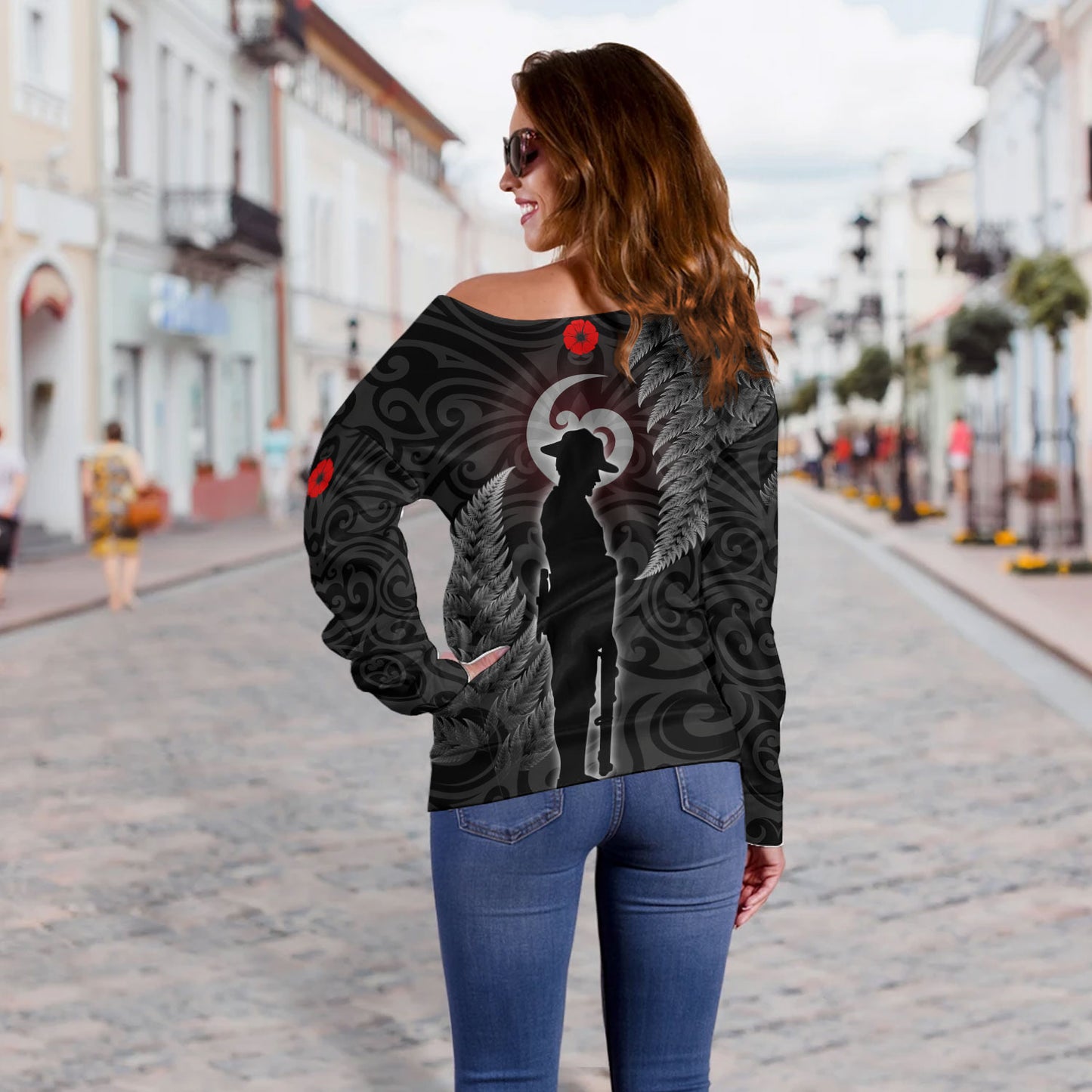 New Zealand Custom Personalised Off Shoulder Sweatshirt Lest We Forget Koru Maori Pattern