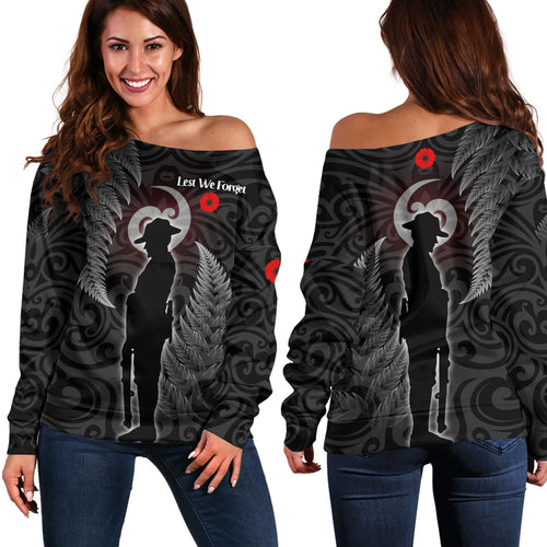 New Zealand Custom Personalised Off Shoulder Sweatshirt Lest We Forget Koru Maori Pattern