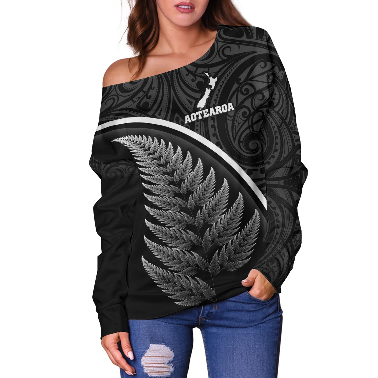 New Zealand Custom Personalised Off Shoulder Sweatshirt Maori Style Ethnic Curve Design
