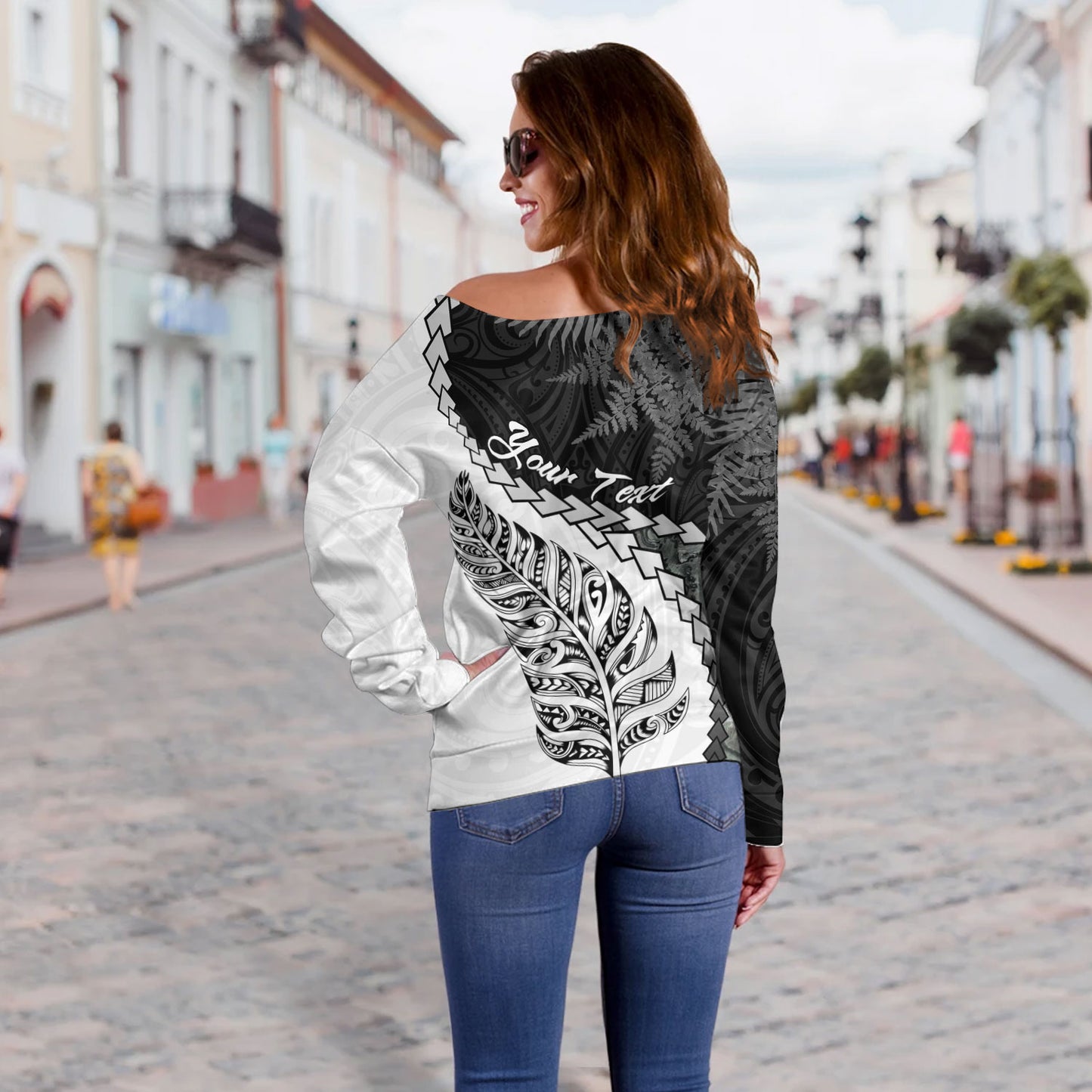New Zealand Custom Personalised Off Shoulder Sweatshirt Silver Fern Maori Pattern