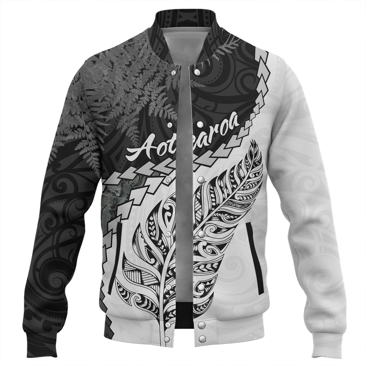 New Zealand Custom Personalised Baseball Jacket Silver Fern Maori Pattern