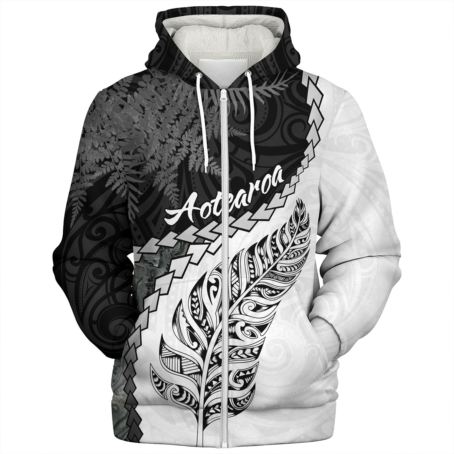 New Zealand Custom Personalised Sherpa Hoodie Silver Fern Maori Pattern
