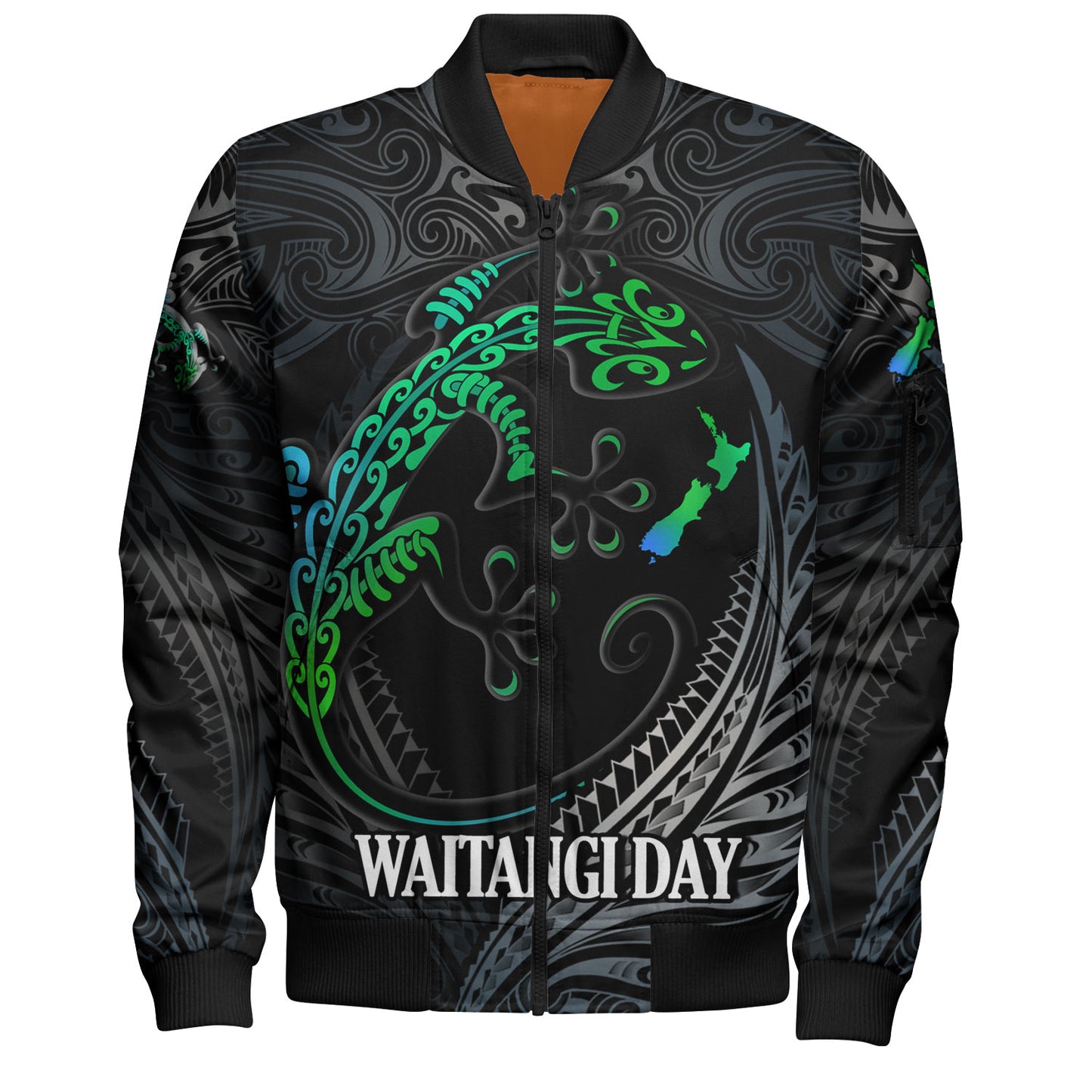 New Zealand Custom Personalised Bomber Jacket Waitangi Day Ethnic Lizard Maori Patterns