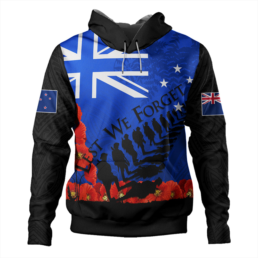 New Zealand Hoodie Flag Anzac Day And Red Poppy