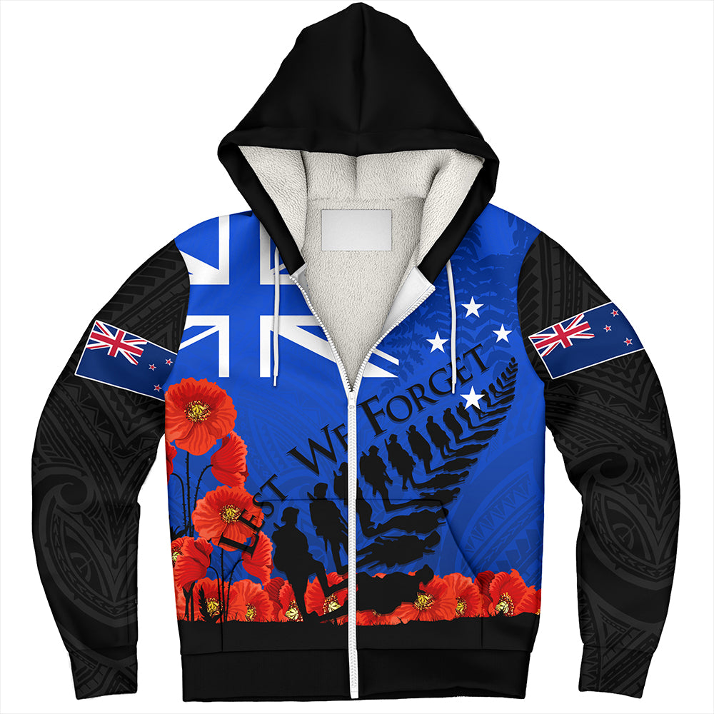 New Zealand Sherpa Hoodie Flag Anzac Day And Red Poppy