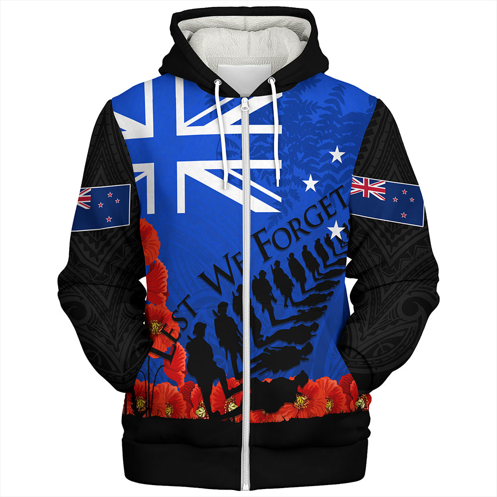 New Zealand Sherpa Hoodie Flag Anzac Day And Red Poppy