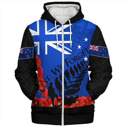 New Zealand Sherpa Hoodie Flag Anzac Day And Red Poppy