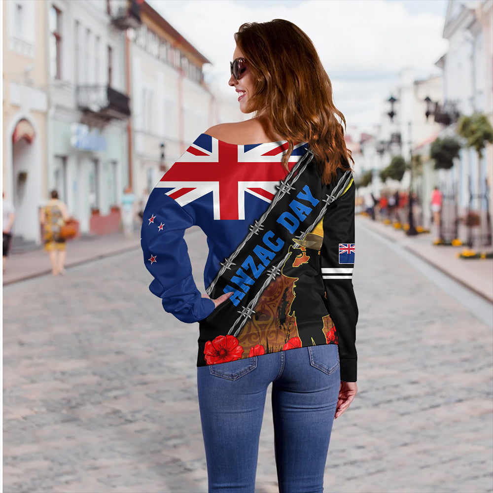 New Zealand Off Shoulder Sweatshirt Lest We Forget Poppy Barbwire Style