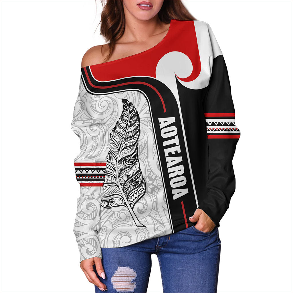 New Zealand Off Shoulder Sweatshirt  Maori Aotearoa Silver Fern Symbols Tattoo