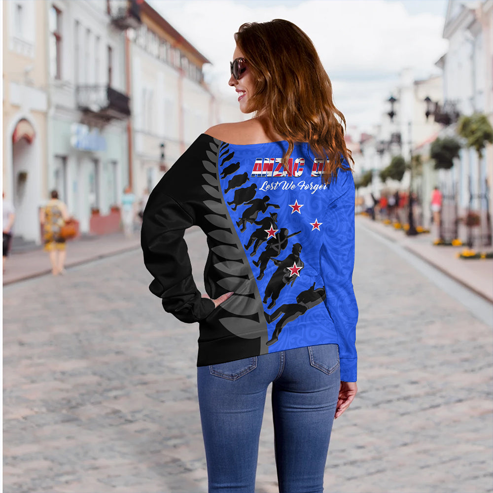 New Zealand Off Shoulder Sweatshirt Maori Tribal Anzac Day Lest We Forget