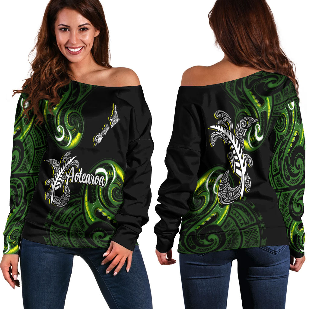 New Zealand Off Shoulder Sweatshirt - Aotearoa Silver Fern Maori Patterns