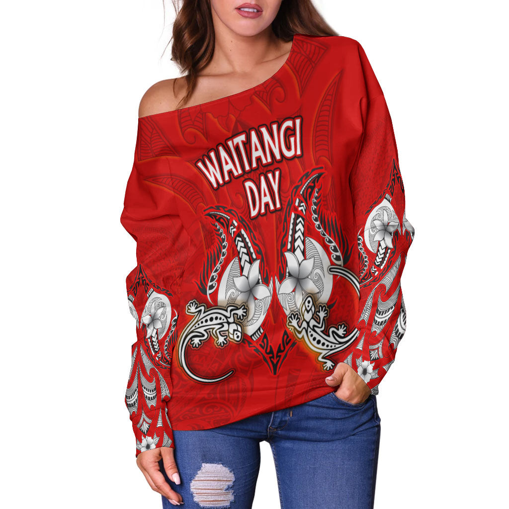 New Zealand Off Shoulder Sweatshirt - Waitangi Day Lizards Maori Patterns