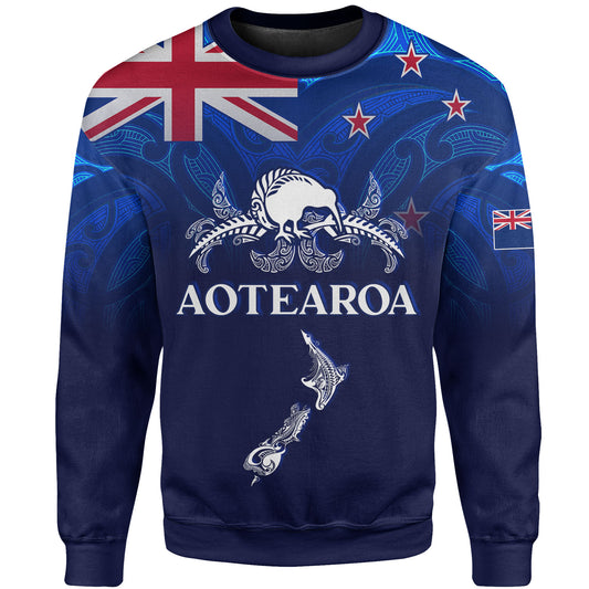 New Zealand Sweatshirt - Aotearoa Map Kiwi Bird Mascot