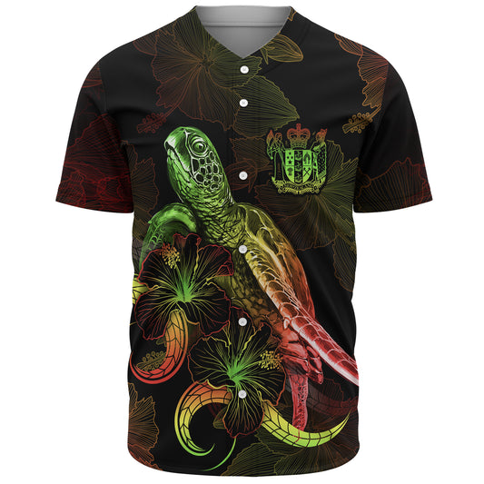 New Zealand Baseball Shirt Sea Turtle With Blooming Hibiscus Flowers Reggae
