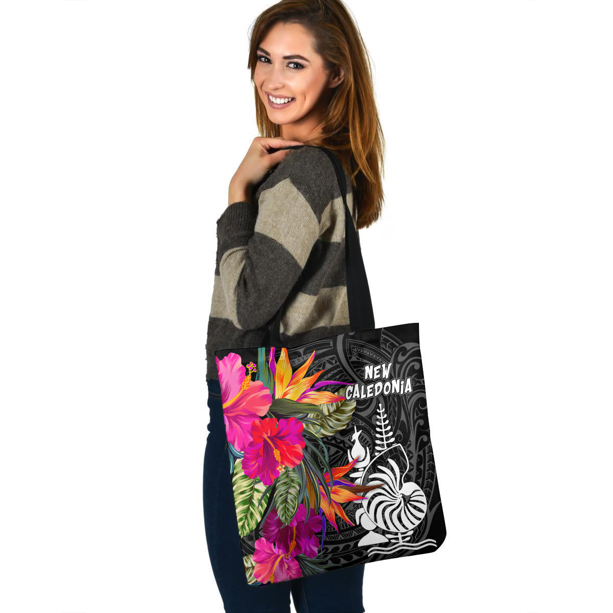 New Caledonia Custom Personalised Tote Bag Polynesian Hibiscus Pattern
