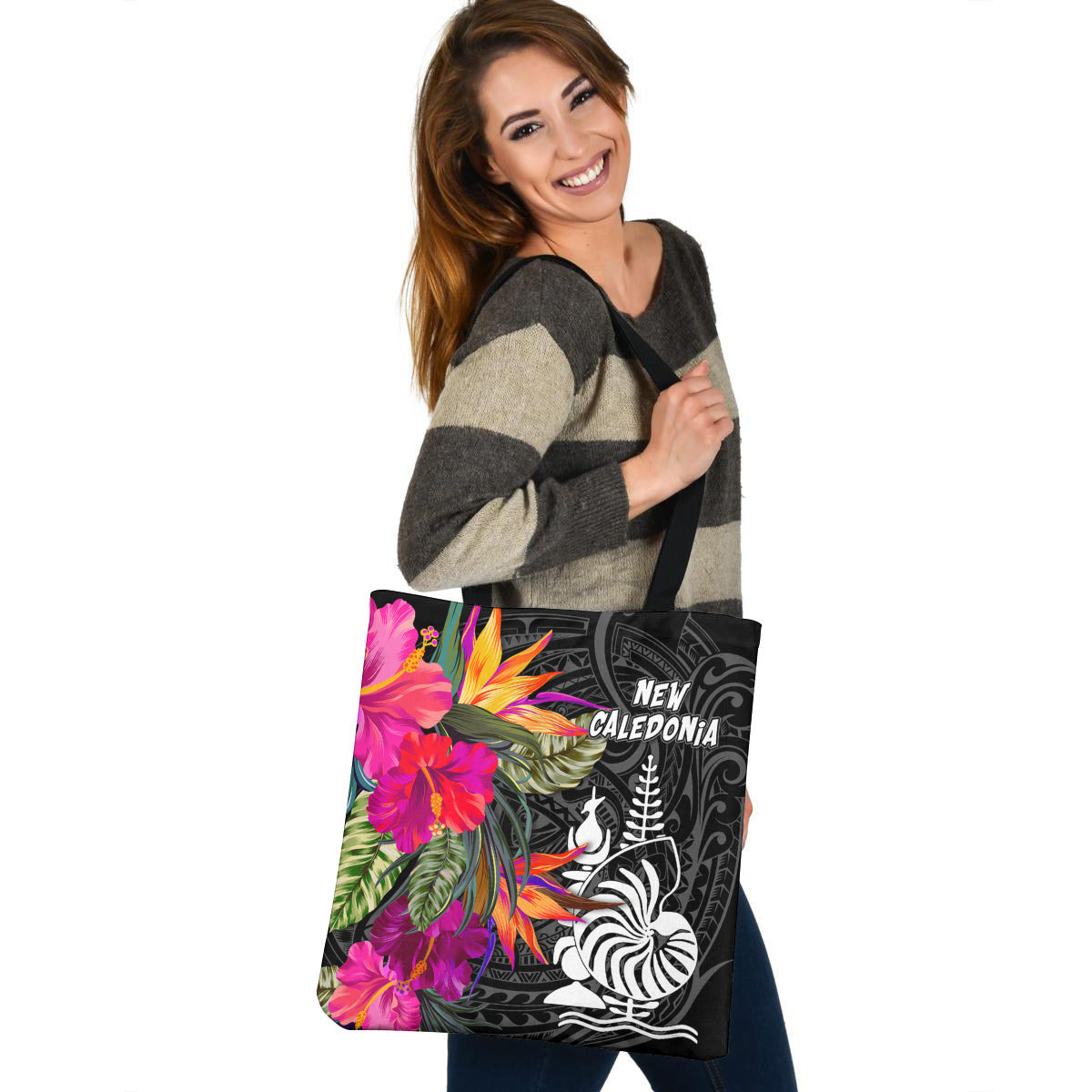 New Caledonia Custom Personalised Tote Bag Polynesian Hibiscus Pattern